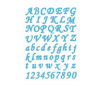Detailed view of 1 inch blue cursive alphabet and number sticker set for DIY signs