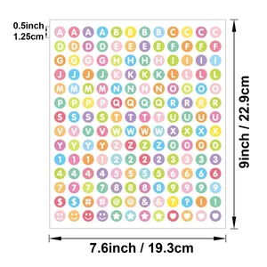 Dimension diagram showing 0.5 inch colorful alphabet and number dot sticker sheet size