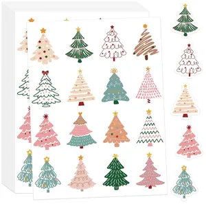 Selection of hand-drawn Christmas tree sticker sheets for festive gift wrapping and crafts
