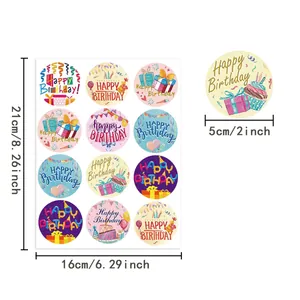 Macro view of colorful 5cm Happy Birthday stickers with size dimensions in cm and inch