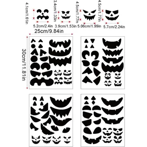 Diagramma dettagliato delle dimensioni per 4 fogli di adesivi per facce di zucca DIY