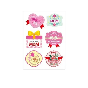 Various floral Mother's Day stickers with heart and gift box shapes for gift wrapping