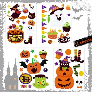 Set of 4 Halloween cartoon static window stickers featuring pumpkins, ghosts and witches