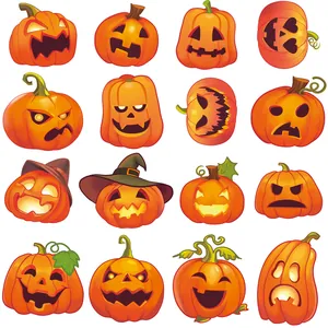 Set of 16 various cartoon Halloween jack-o'-lantern pumpkin stickers for decoration
