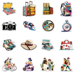 Set of colorful travel-themed waterproof stickers for laptop and journal decoration.