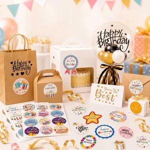 Detail view of colorful Happy Birthday sticker sheets for gift bags and cake boxes