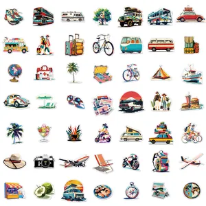 Detailed view of 50 unique travel stickers with colorful outdoor and vehicle designs