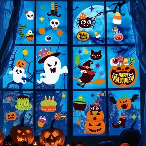 Cute Halloween window clings with cartoon ghosts, pumpkins and witch for party decor