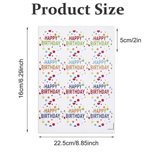 Detailed dimensions of the colorful Happy Birthday sticker sheet for party favors and gifts