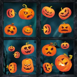 Set of diverse Halloween pumpkin face stickers shown on a spooky window pane background