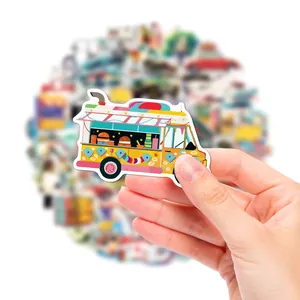 Detailed view of a colorful food truck sticker from a travel-themed waterproof set.