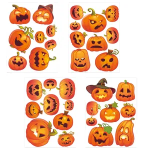 Set of Halloween pumpkin stickers with various Jack-o'-lantern face expressions for windows