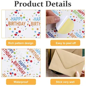 Close-up detail of waterproof birthday stickers with easy-peel design on envelopes.