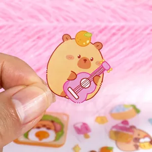 Cute Capybara cartoon sticker holding a pink guitar for DIY water bottle and phone case