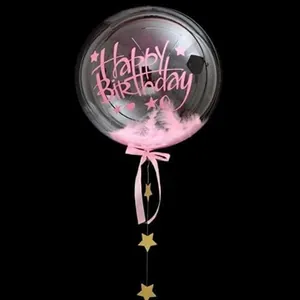 Transparent bubble balloon with pink feathers and Happy Birthday decal decoration