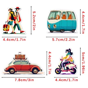 Detailed dimension view of travel theme waterproof stickers for laptops and phone