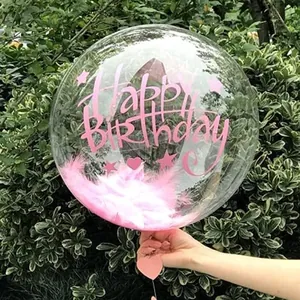 Detailed view of pink Happy Birthday sticker applied to a clear Bobo balloon