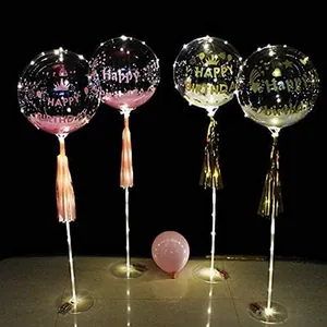 Happy Birthday gold and pink theme stickers applied on clear transparent LED bobo balloons