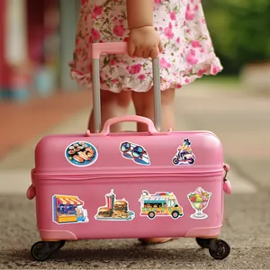 Waterproof travel and food graffiti stickers applied on a pink suitcase for kids