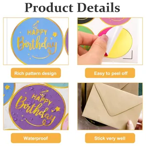 Detail showing waterproof and easy peel features of Happy Birthday sticker labels