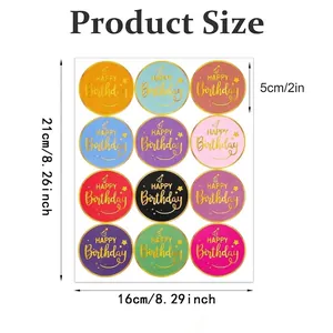 Detail view of Happy Birthday sticker sheet showing individual 5cm diameter circles.