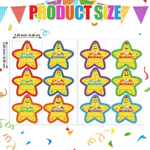Close-up detail showing 3.25 inch star-shaped birthday stickers with smiling faces