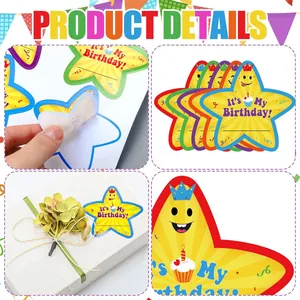 Detailed views showing star-shaped birthday stickers on gift box and individual sheets.