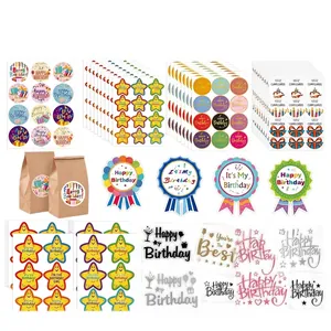 Happy Birthday theme sticker set with colorful labels and gift bag seals