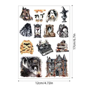 Gothic watercolor Halloween sticker sheet with skeleton and ghost motifs 12x17cm