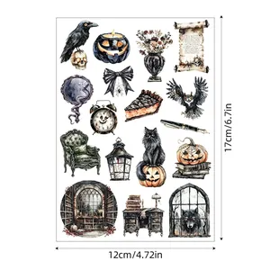Gothic Halloween sticker sheet featuring watercolor cat and pumpkin designs, 12x17cm size