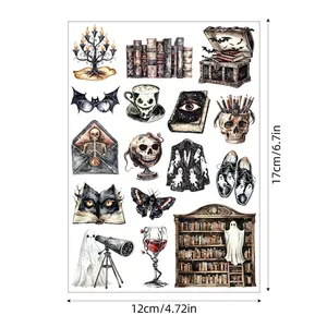 Vintage Gothic Halloween watercolor sticker sheet featuring ghosts and skulls 12x17cm