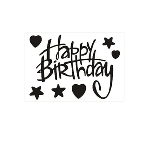 Black Happy Birthday sticker set with stars and hearts for DIY gift card decorating.