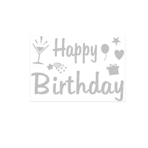Silver Happy Birthday decorative sticker with balloon and gift icons for DIY cards
