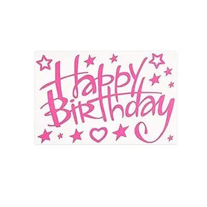 Detailed macro view of pink Happy Birthday decorative sticker with stars and heart icons