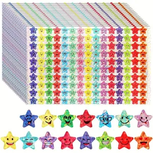 Detail of holographic star stickers with various colorful emoji expressions and laser finish