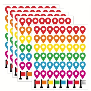 Detailed view of 5 sheets of 56 colorful map location pointer and flag stickers