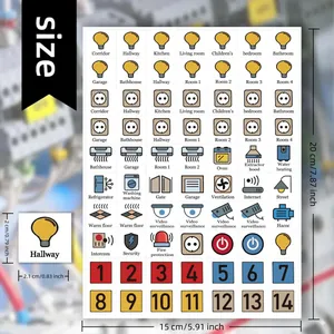 Complete set of illustrated electrical panel label stickers with room icons and measurements
