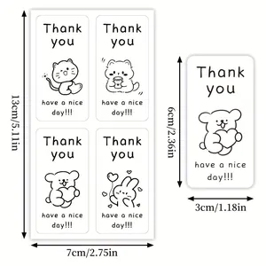 Cute cartoon thank you sealing stickers for gift boxes with detailed size measurements