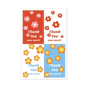 Set of four cartoon floral rectangular thank you stickers for gift box and bakery sealing
