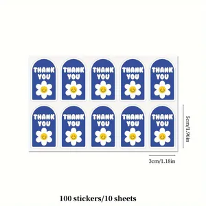 100er-Set blaue Thank You Aufkleber mit Gänseblümchen-Smiley für Geschenkverpackungen