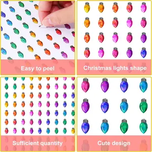 Collage showing various features of colorful Christmas light bulb shaped DIY craft stickers