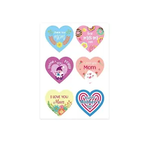 Detailed view of six heart-shaped Mother's Day stickers with floral and donut designs.