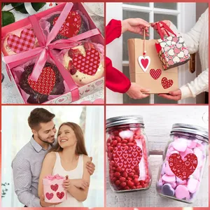 Heart-shaped Valentine's Day stickers shown decorating gift bags, boxes and candy jars