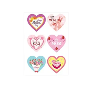 Close-up of Mother's Day heart stickers with various floral and cartoon designs