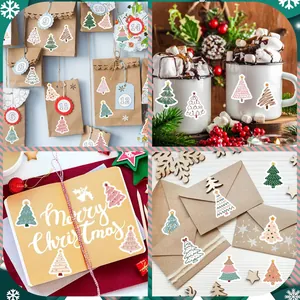 Collage of colorful Christmas tree stickers decorating journals, white mugs and envelopes.
