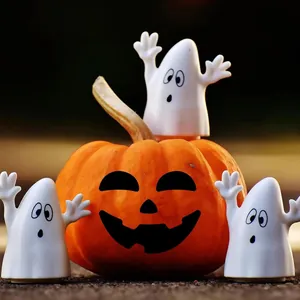 Vista dettagliata della zucca di Halloween fai da te con adesivi e piccoli fantasmi