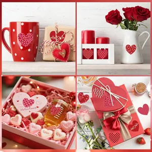 Detailed view of red heart-shaped adhesive stickers applied on various gift items