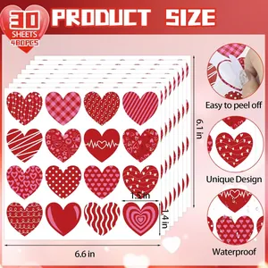 Set of 480 heart-shaped Valentine stickers featuring various patterns and waterproof design