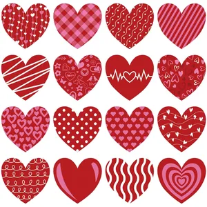 Set of 16 decorative heart-shaped stickers featuring various red and pink patterns