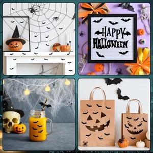 Creatieve toepassing van gothic vleermuisstickers op muren en cadeauzakjes decor.